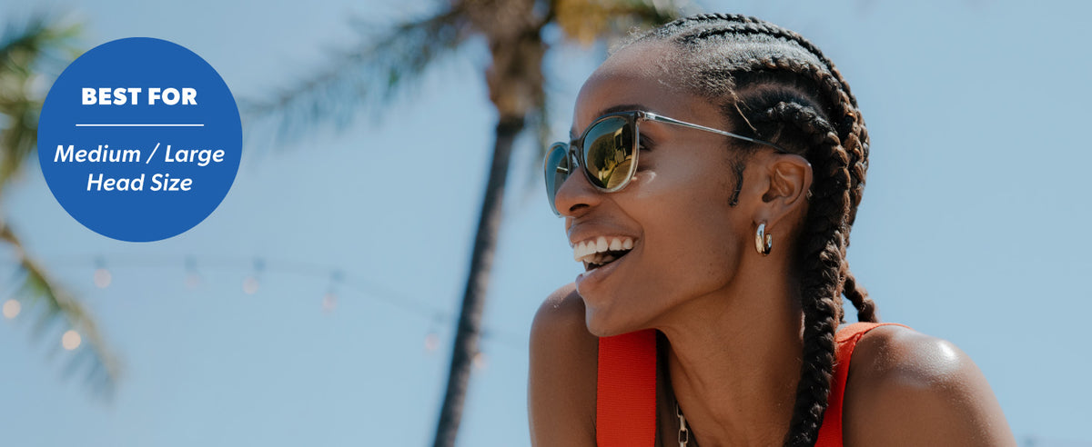 Mary Janes are best for medium to large sized faces. Photo features a woman wearing Mary Janes sunglasses