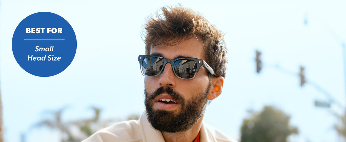 Seventy Nines are best for small to medium sized faces. Photo features a man wearing Seventy Nines sunglasses
