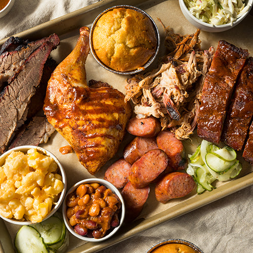 Homemade Barbecue Platter with Ribs, Mac and Cheese, and More
