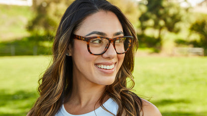 Woman wearing Clear Amber Ink Premiums Rx