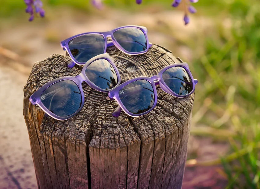 Wisteria sunglasses. 3 pairs of purple sunglasses with smoke lenses photographed on a wooden block in nature