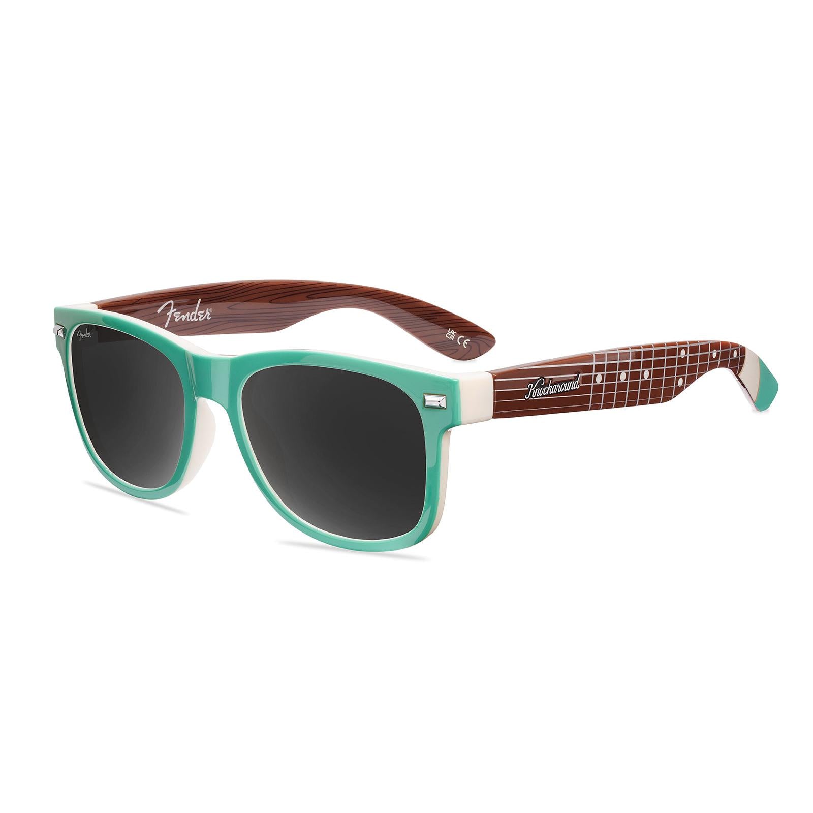 Knockaround and Fender® Surf Green Stratocaster™ Fort Knocks Sunglasses with polarized grey lenses, flyover