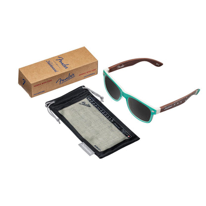 Knockaround and Fender® Surf Green Stratocaster™ Fort Knocks Sunglasses with polarized grey lenses, set