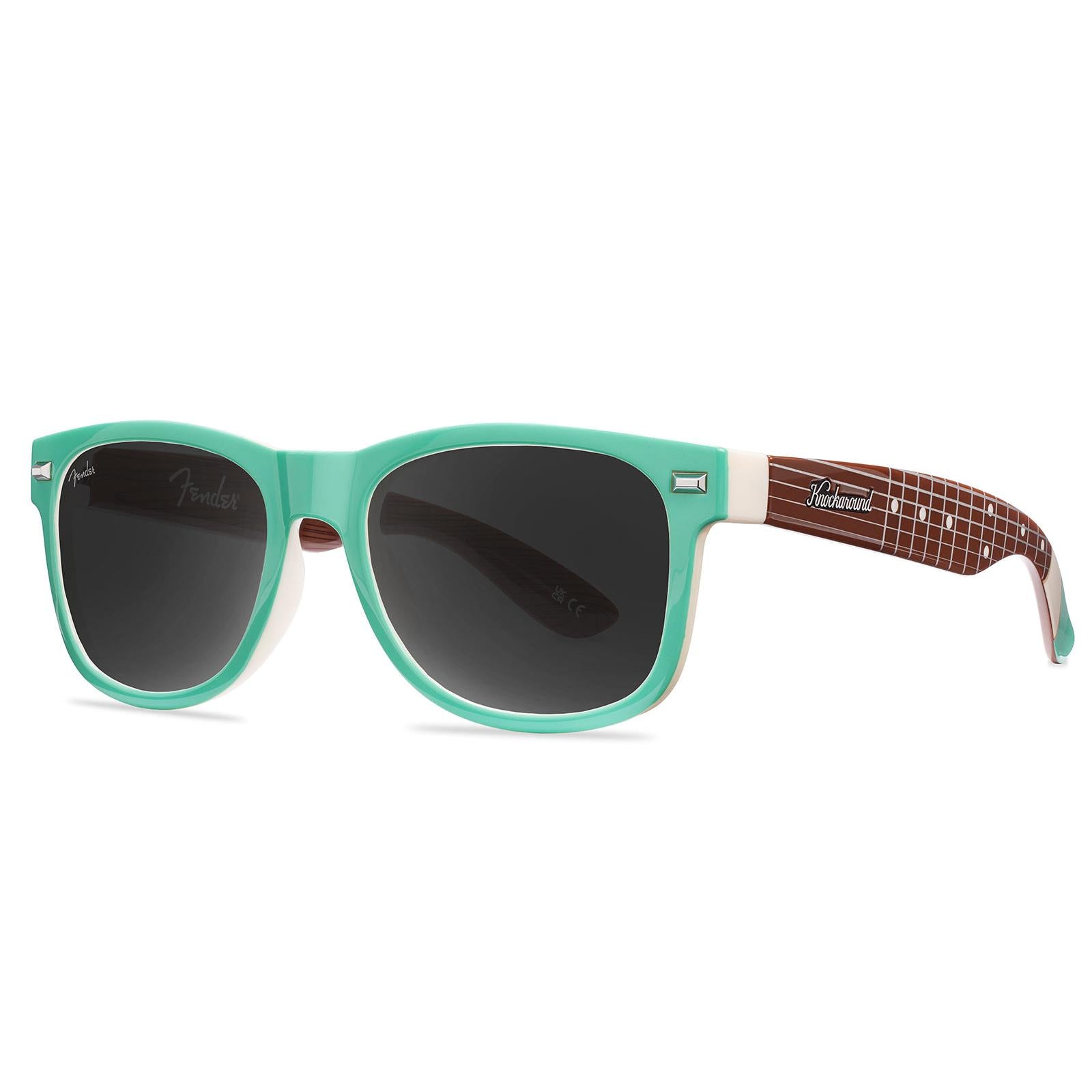 Knockaround and Fender® Surf Green Stratocaster™ Fort Knocks Sunglasses with polarized grey lenses, threequarter