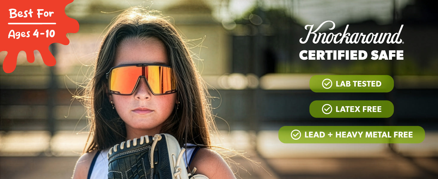 Kids Campeones are best for ages 4-10 years old. Photo features a girl wearing Kids Campeones sunglasses