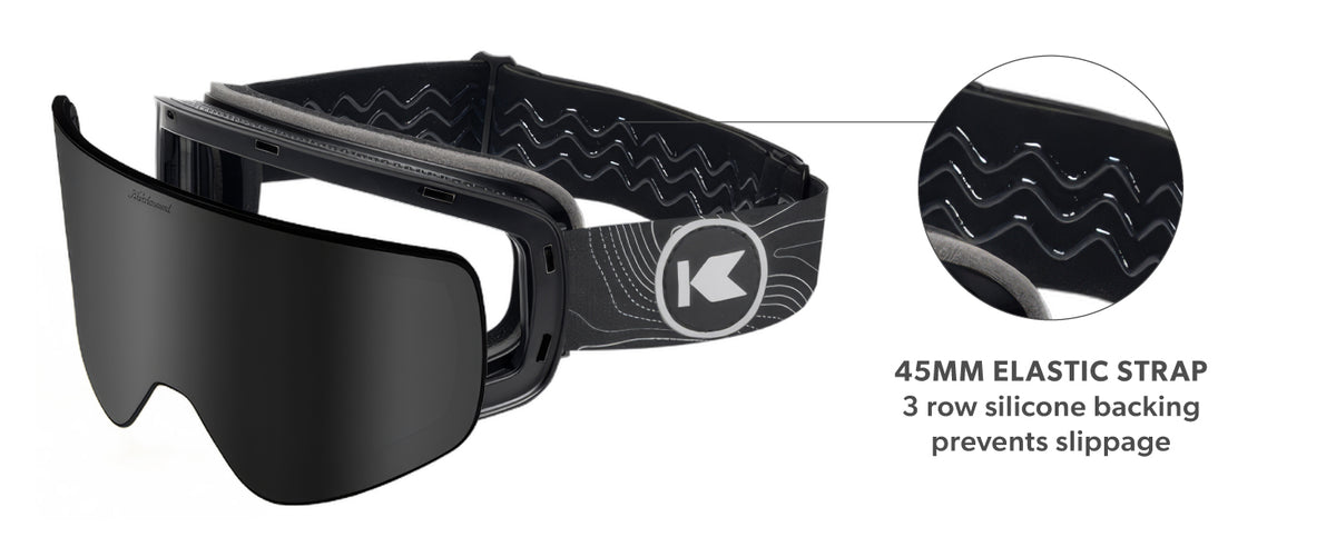 Slingshots Snow Goggles. 45mm elastic strap, 3 row silicone backing prevents slippage