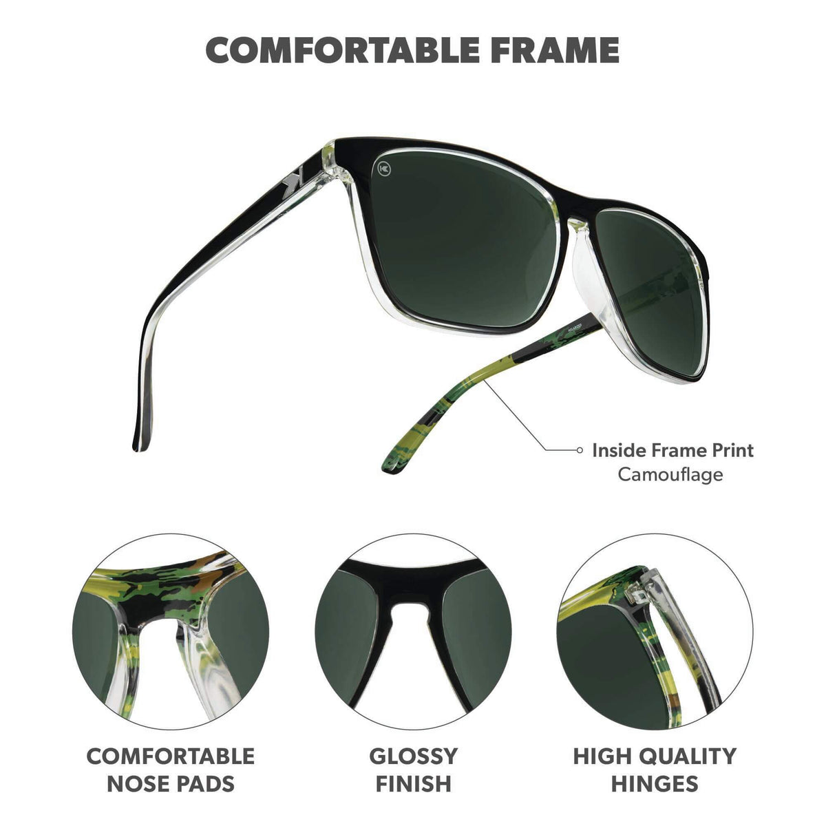 Comfortable Frame. Comfortable nose pads. Glossy finish. High quality hinges. Photo features Covert Ops / Aviator Green Fast Lanes Sunglasses and details of the highlighted parts of the frame.