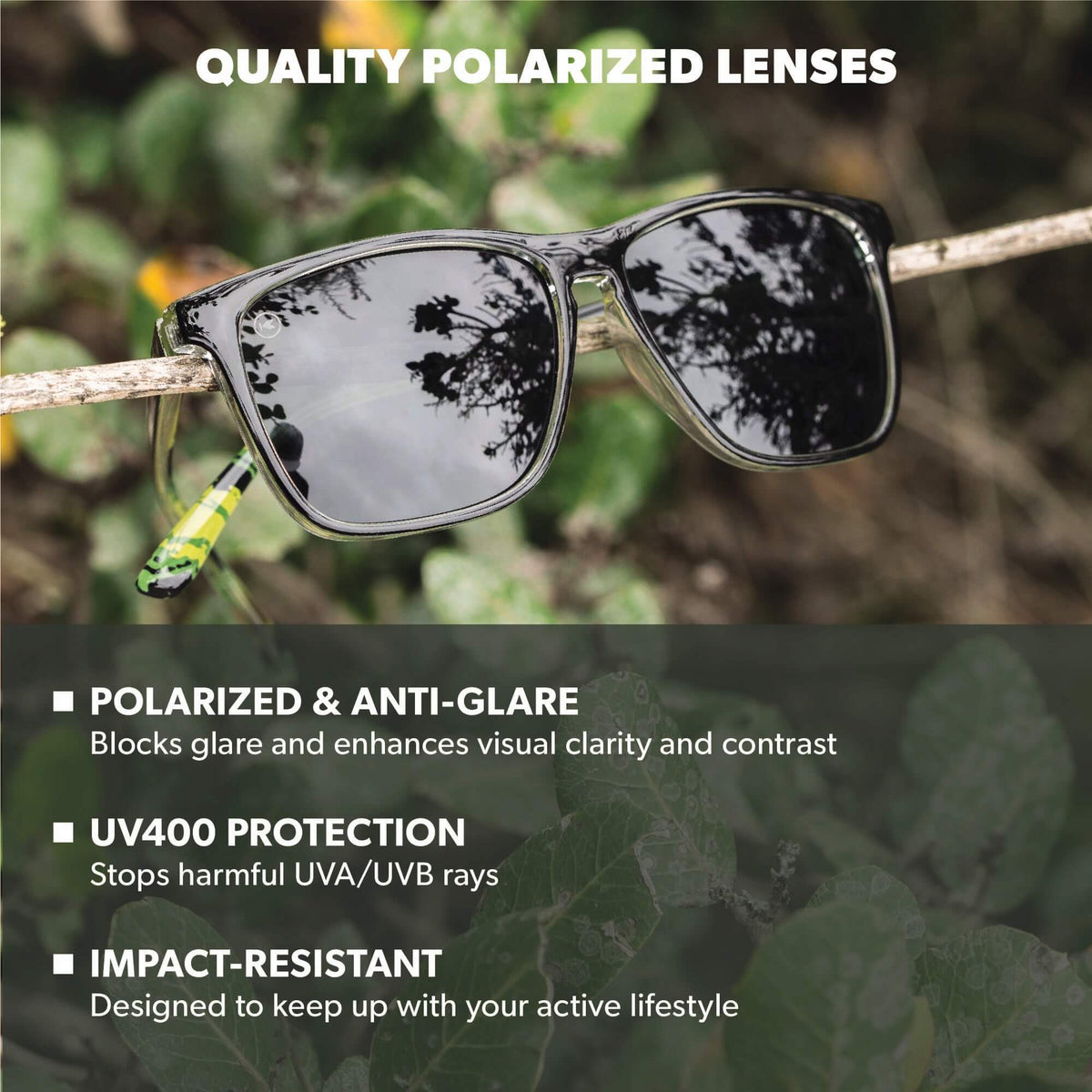 Quality Polarized Lenses. Polarized & Anti-Glare: Blocks glare and enhances visual clarity and contrast. UV400 Protection: Stops harmful UVA/UVB rays. Impact Resistant: Designed to keep up with your active lifestyle. Photo features Covert Ops / Aviator Green Fast Lanes Sunglasses