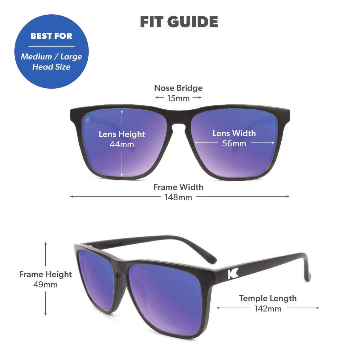 Fit Guide. Best for medium/large head sizes. Photo features Black / Moonshine Fast Lanes Sunglasses and includes specific frame measurements. See Fit Guide for more details.