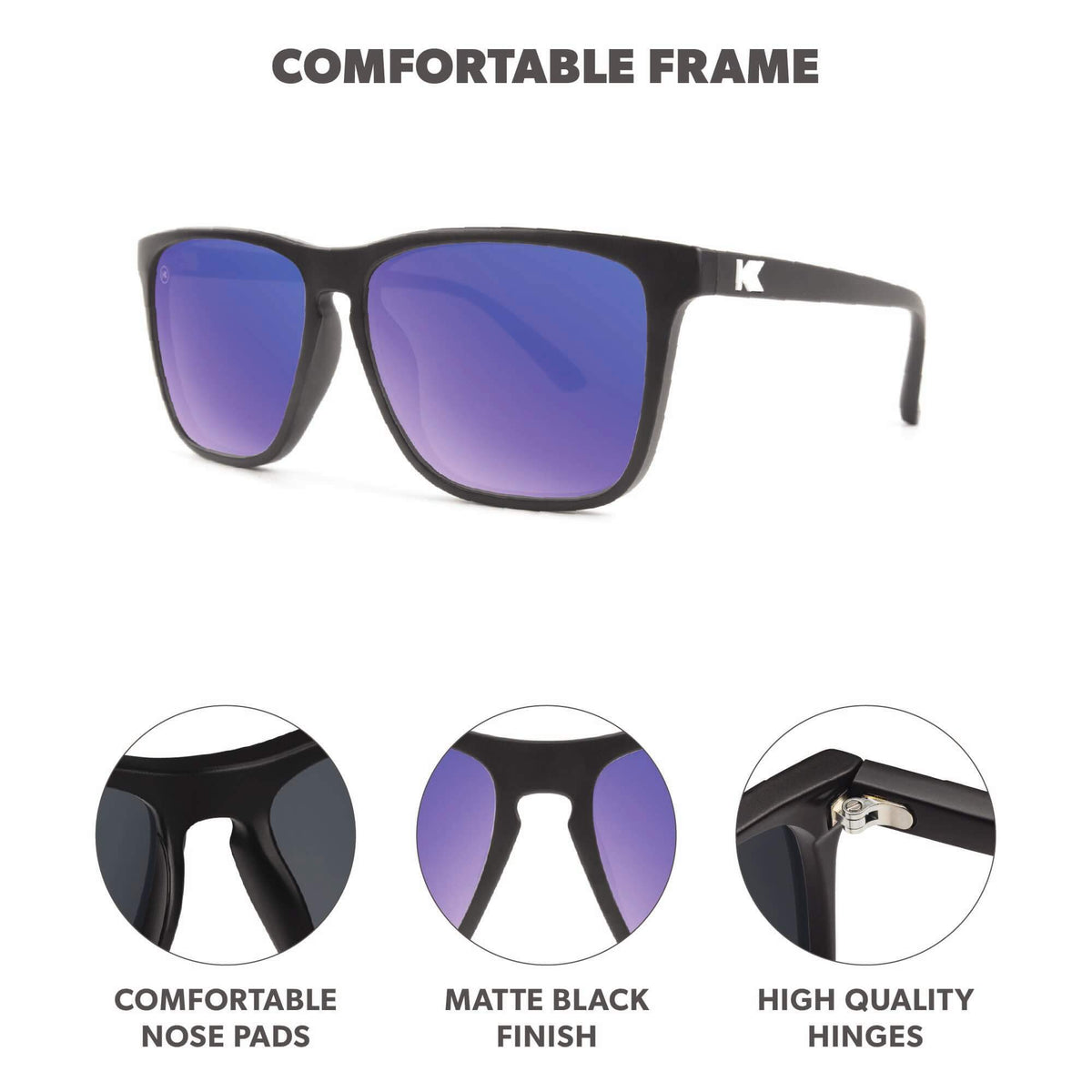 Comfortable Frame. Comfortable nose pads. Matte finish. High quality hinges. Photo features Black / Moonshine Fast Lanes Sunglasses and details of the highlighted parts of the frame.