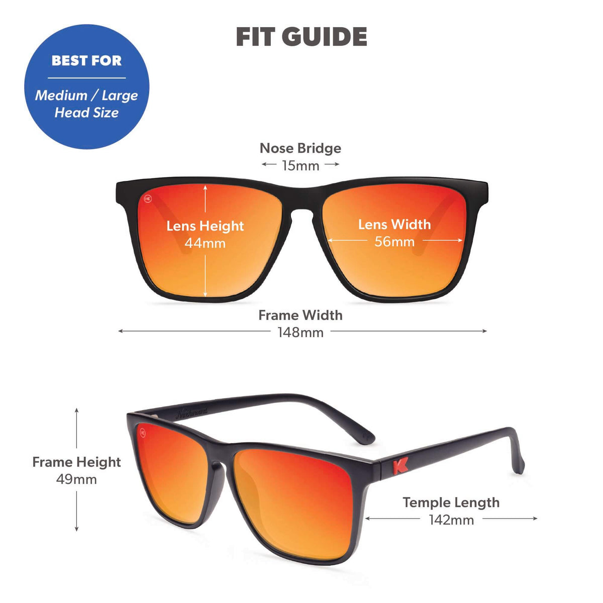 Fit Guide. Best for medium/large head sizes. Photo features Black / Red Sunset Fast Lanes Sunglasses and includes specific frame measurements. See Fit Guide for more details.