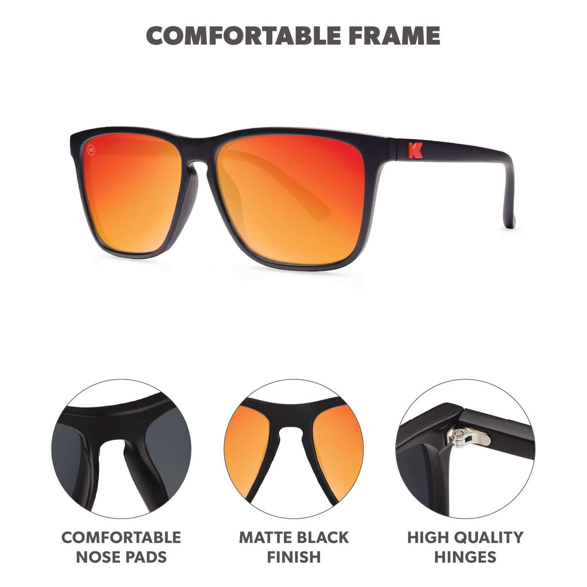 Comfortable Frame. Comfortable nose pads. Matte finish. High quality hinges. Photo features Black / Red Sunset Fast Lanes Sunglasses and details of the highlighted parts of the frame.