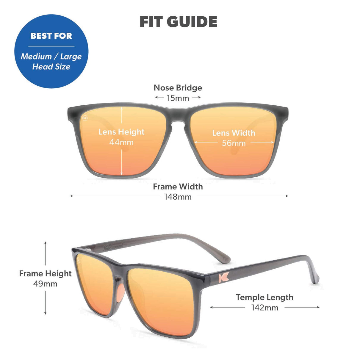 Fit Guide. Best for medium/large head sizes. Photo features Jelly Grey / Peach Fast Lanes Sport Sunglasses and includes specific frame measurements. See Fit Guide for more details.