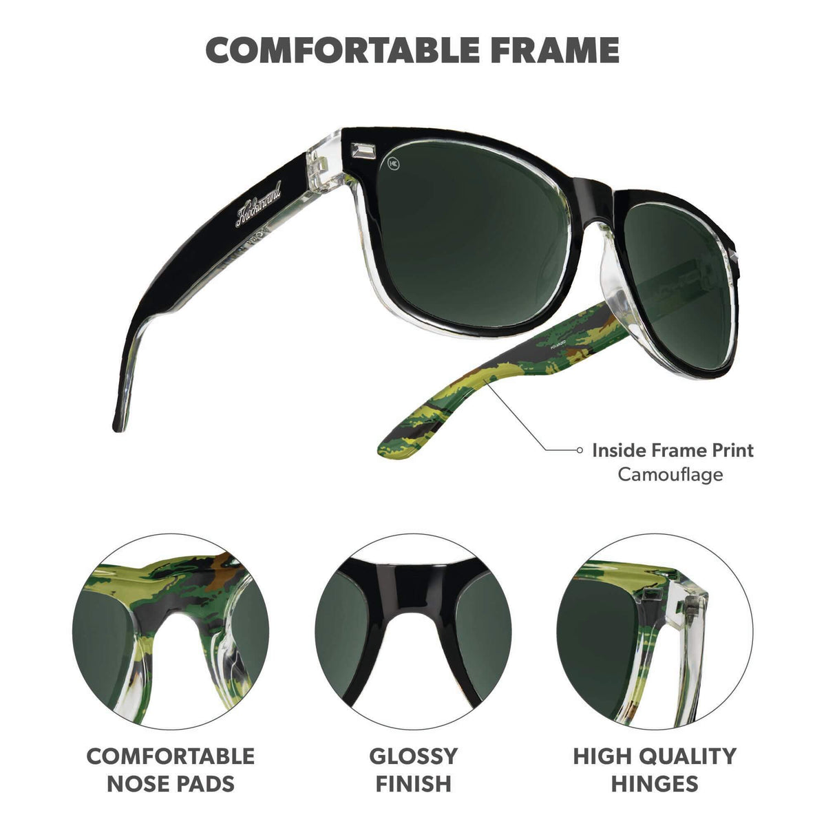 Comfortable Frame. Inside Frame Print Camouflage. Comfortable nose pads. Glossy finish. High quality hinges. Photo features Covert Ops Fort Knocks Sunglasses and details of the highlighted parts of the frame.