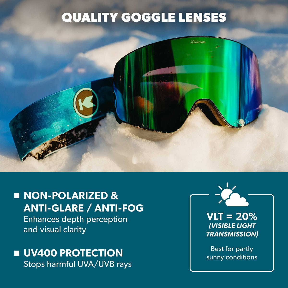 Quality Goggle Lenses. Non-polarized anti-glare / anti-fog, enhances depth perception and visual clarity. UV400 Protection, stops harmful UVA/UVB rays.  VLT = 20% (Visible Light Transmission), best for partly sunny conditions. UV400 Protection: Stops harmful UVA/UVB rays. Impact Resistant: Designed to keep up with your active lifestyle. Photo features Green Machine Slingshot Snow Goggles.