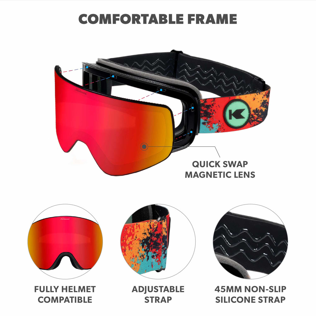 Comfortable frame. Quick Swap Magnetic Lens. Fully helmet compatible. Adjustable Strap 45mm non-slip silicone strap. Photo features Hot Tamale / Red Monochrome Slingshot Sunglasses and details of the highlighted parts of the frame.