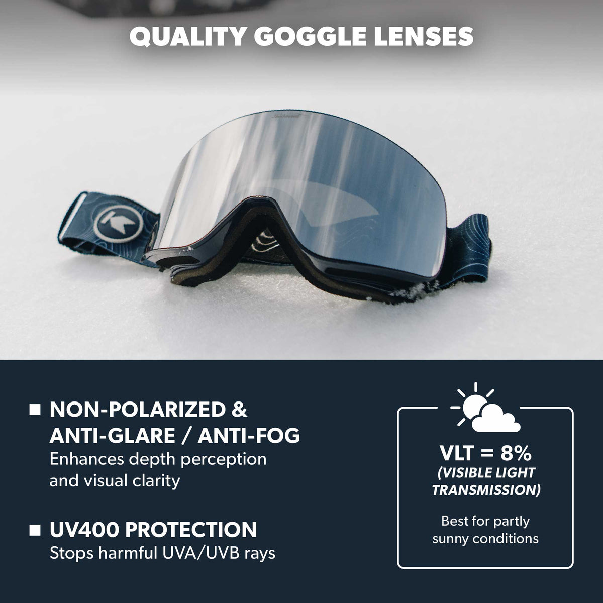 Quality Goggle Lenses. Non-polarized anti-glare / anti-fog, enhances depth perception and visual clarity. UV400 Protection, stops harmful UVA/UVB rays.  VLT = 7% (VIsible Light Transmission), best for partly sunny conditions. Photo feature Sky Peak Snow Goggles.