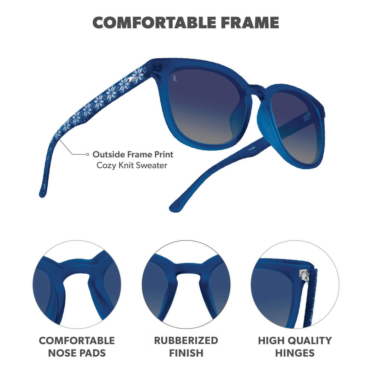 Comfortable Frame. Comfortable nose pads. Rubberized finish. High quality hinges. Photo features Fair Isle Paso Robles Sunglasses and details of the highlighted parts of the frame.