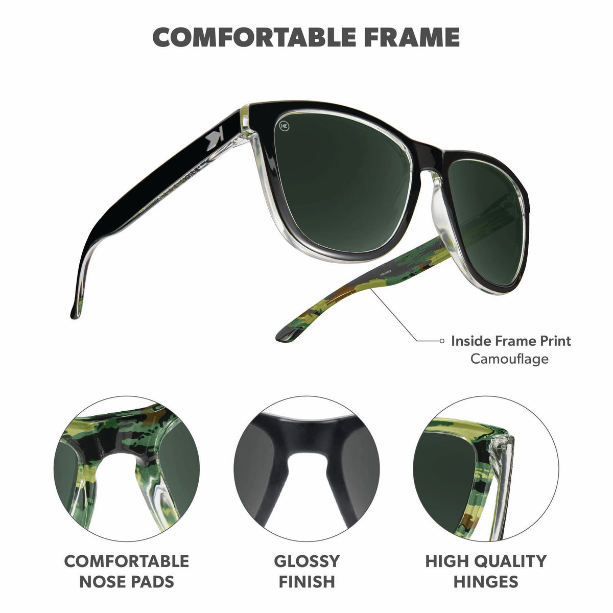 Comfortable Frame. Comfortable nose pads. Glossy finish. High quality hinges. Photo features Covert Ops / Aviator Green Premiums Sunglasses and details of the highlighted parts of the frame.