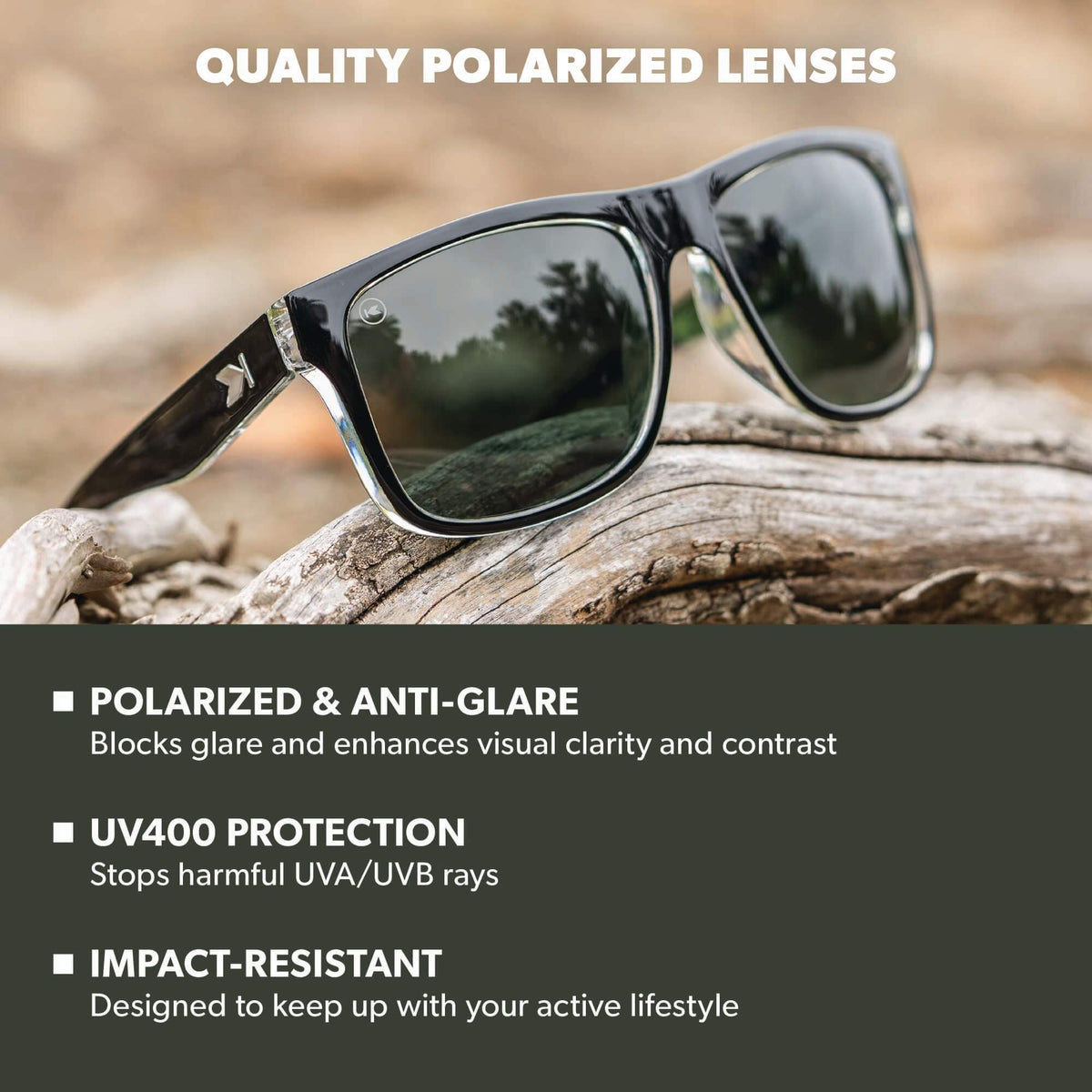 Quality Polarized Lenses. Polarized & Anti-Glare: Blocks glare and enhances visual clarity and contrast. UV400 Protection: Stops harmful UVA/UVB rays. Impact Resistant: Designed to keep up with your active lifestyle. Photo features Covert Ops Torrey Pines Sunglasses