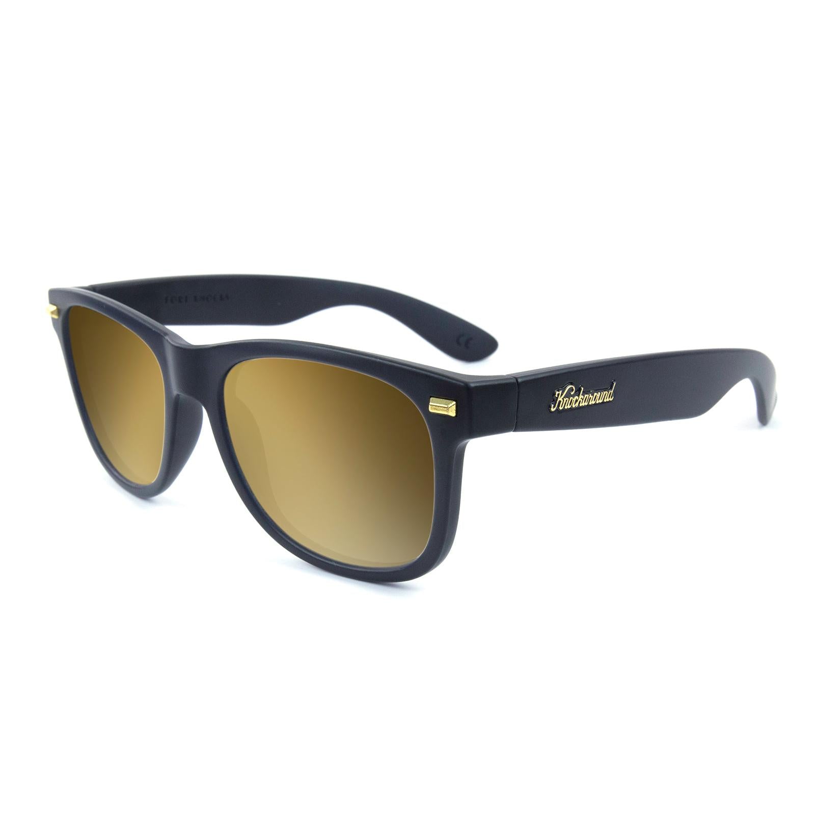 Matte Black Fort Knocks Prescription Sunglasses with Gold Lens, Flyover 