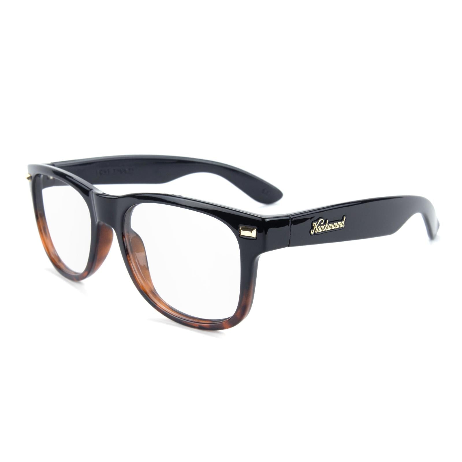 Glossy Black and Tortoise Shell Fade Fort Knocks Prescription Sunglasses with Clear Lens, Flyover 