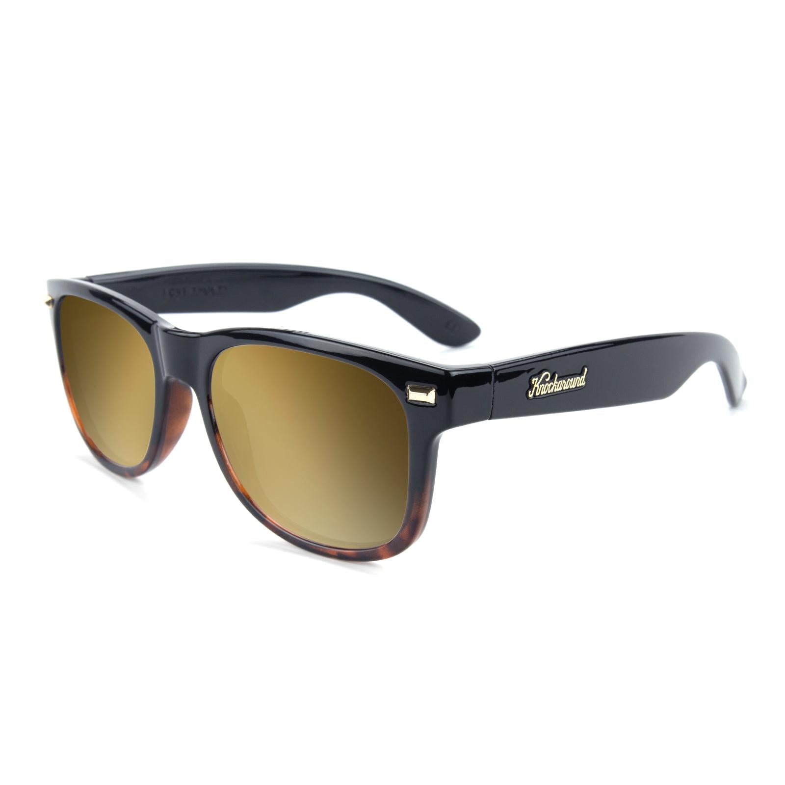 Glossy Black and Tortoise Shell Fade Fort Knocks Prescription Sunglasses with Gold Lens, Flyover 